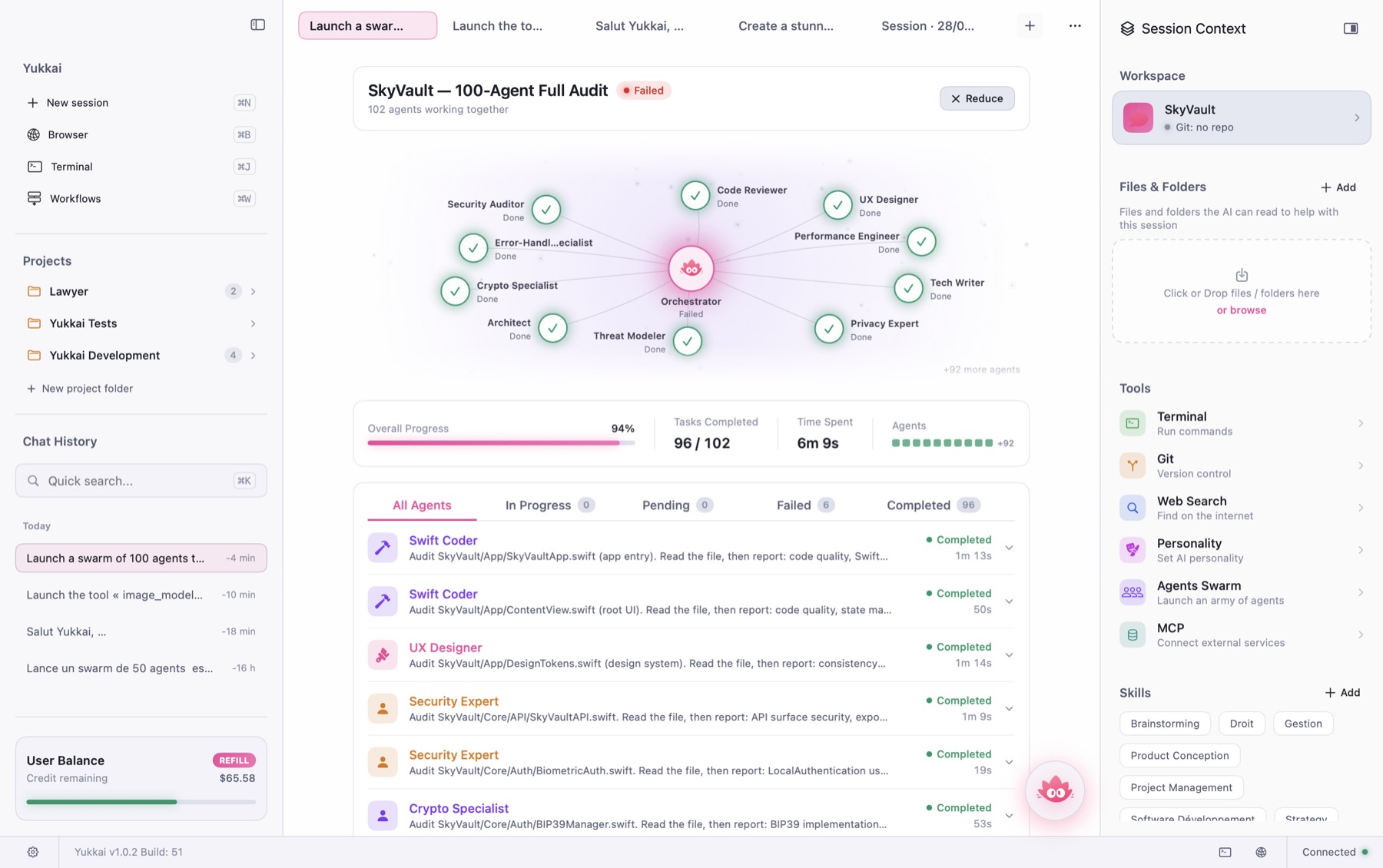 Yukkai app running a 102-agent code audit swarm in real time
