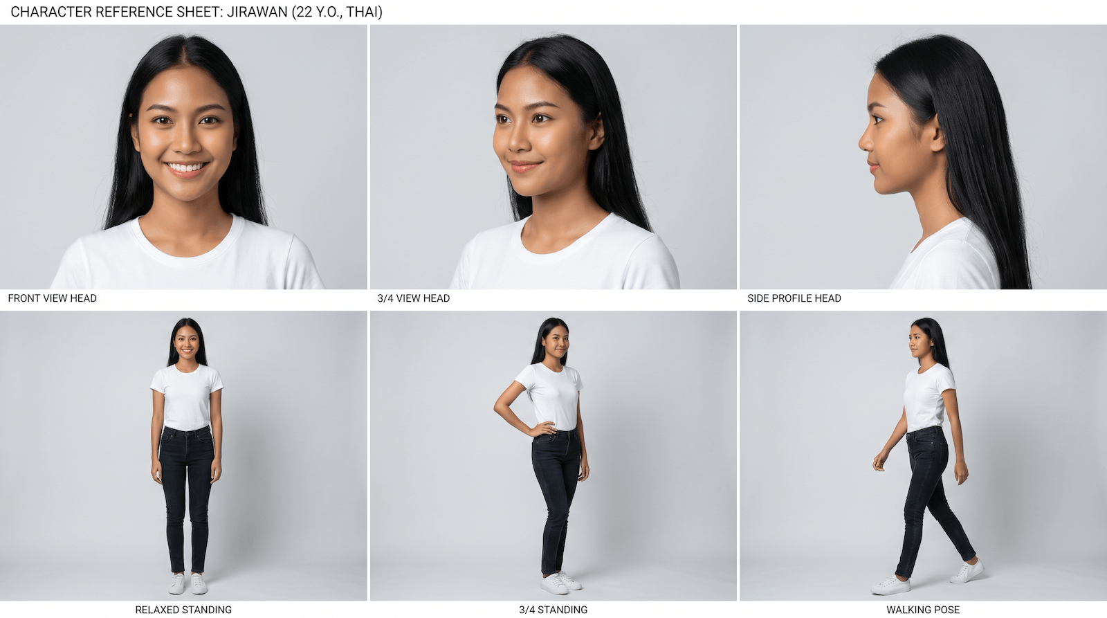 Character turnaround sheet of a young Thai woman, 22, slim and elegant, long black hair, warm tan skin, gentle smile — 6 consistent views, realistic cinematic style
