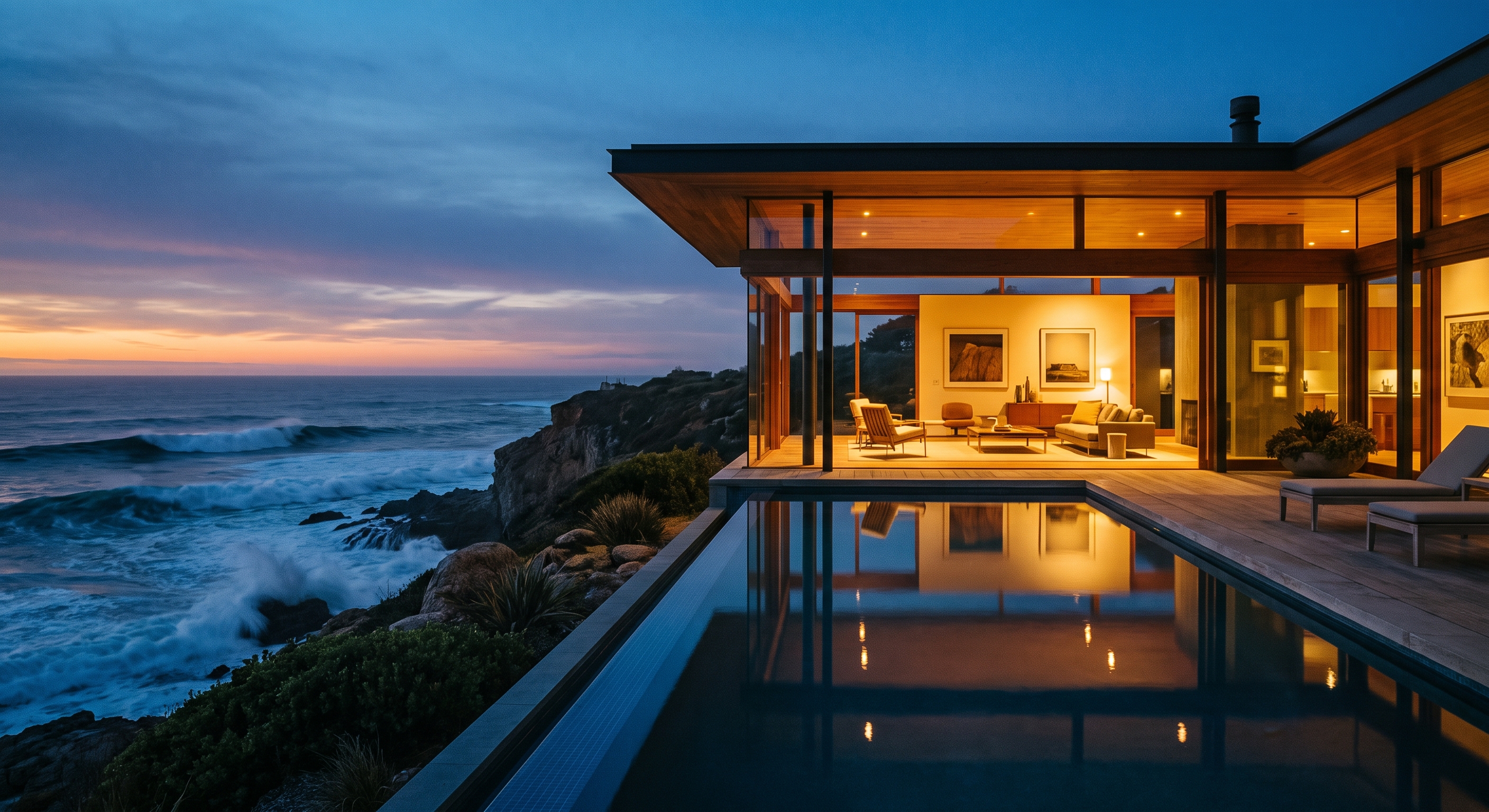 Coastal glass house at dusk, generated by Yukkai with Nano Banana Pro