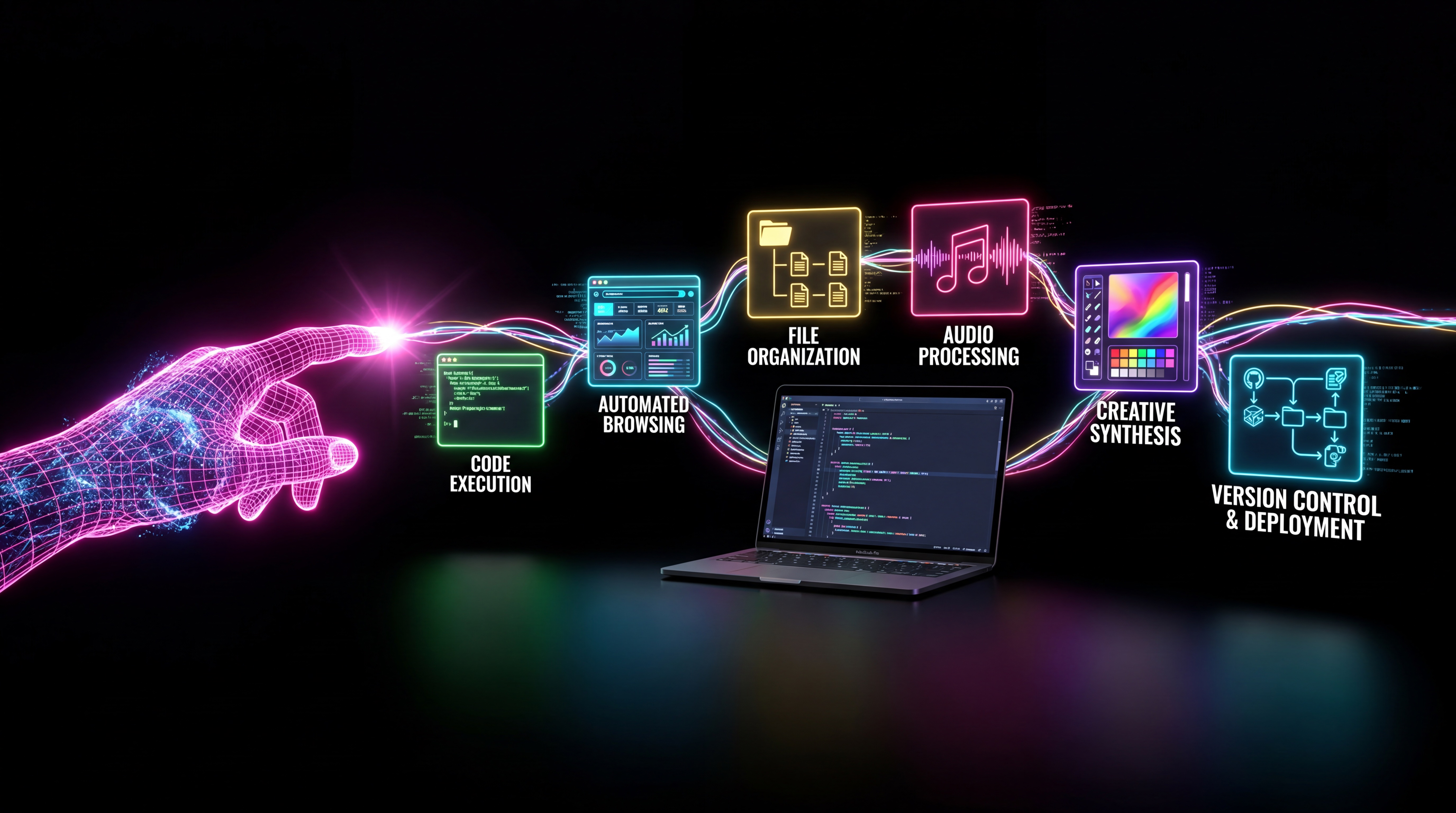 MacBook with holographic AI hand controlling floating windows, generated by Yukkai