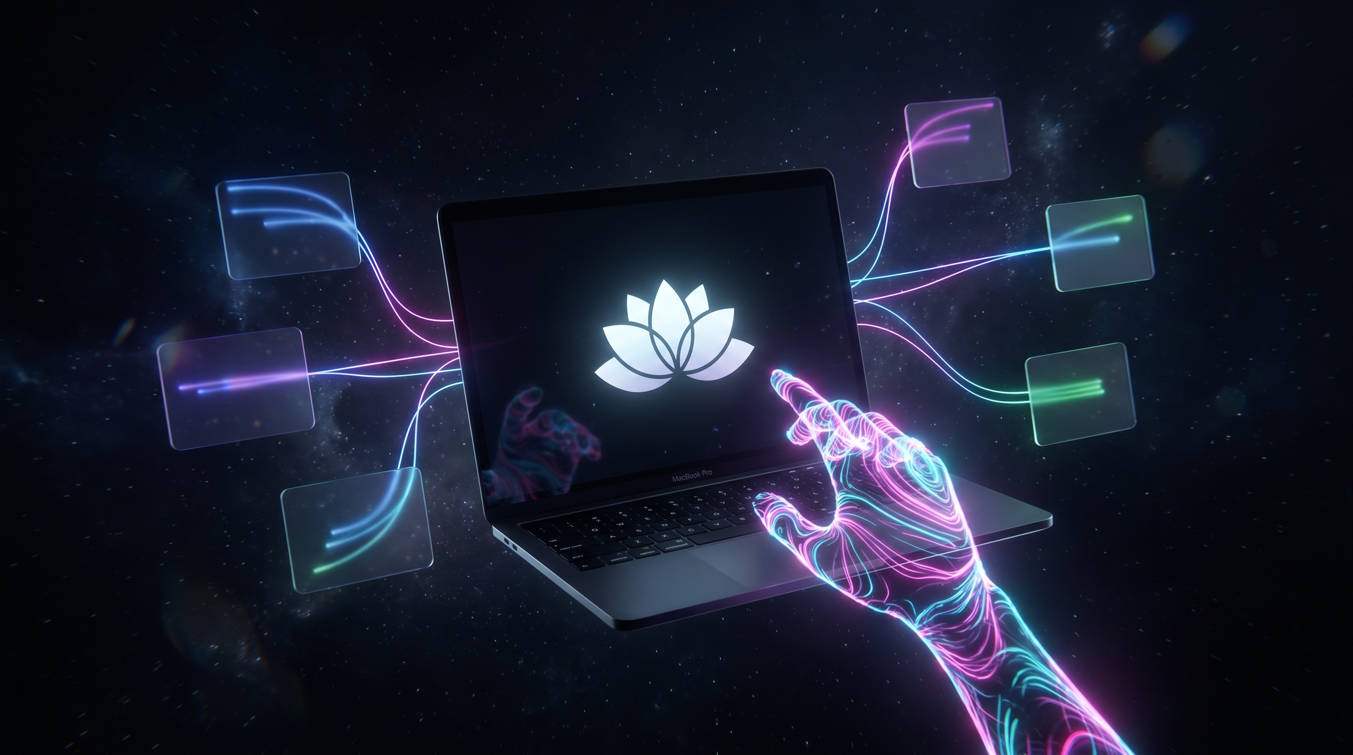 Yukkai on a MacBook: neon labels for file organization, video editing, audio processing, surrounded by app icons