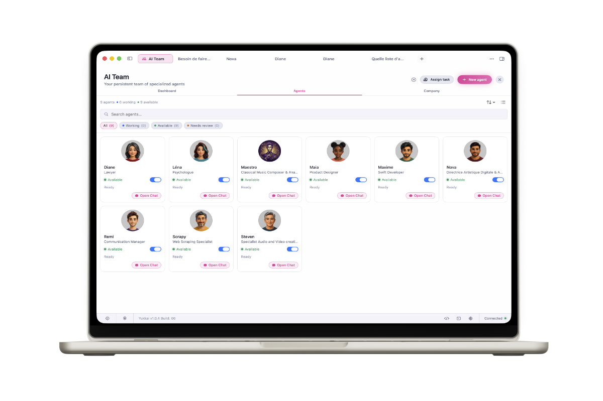A MacBook showing the Yukkai AI team dashboard: agent roles organized by domain with their status, skills and current missions.