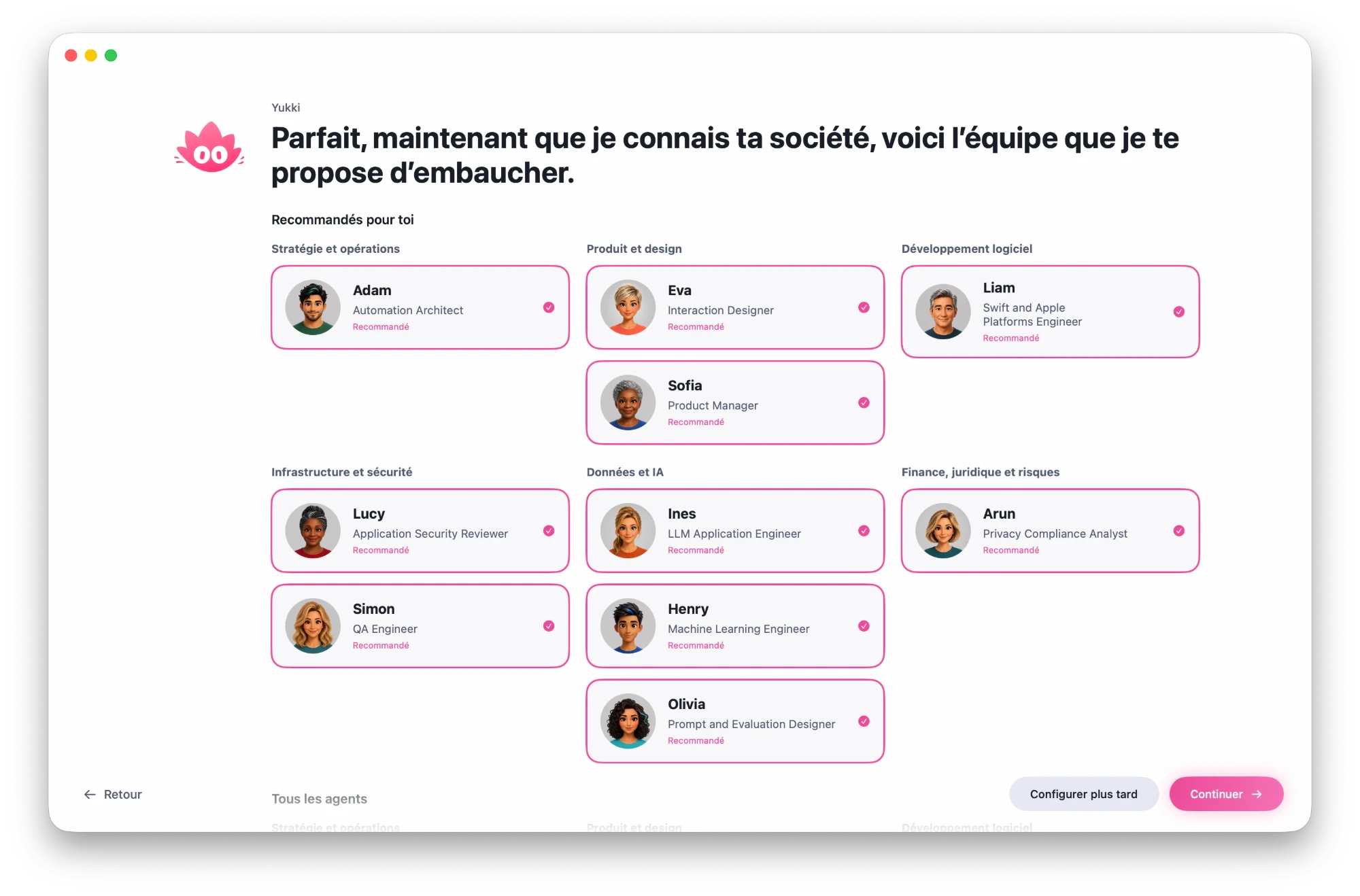 Yukki propose une équipe d'agents rangés par métier