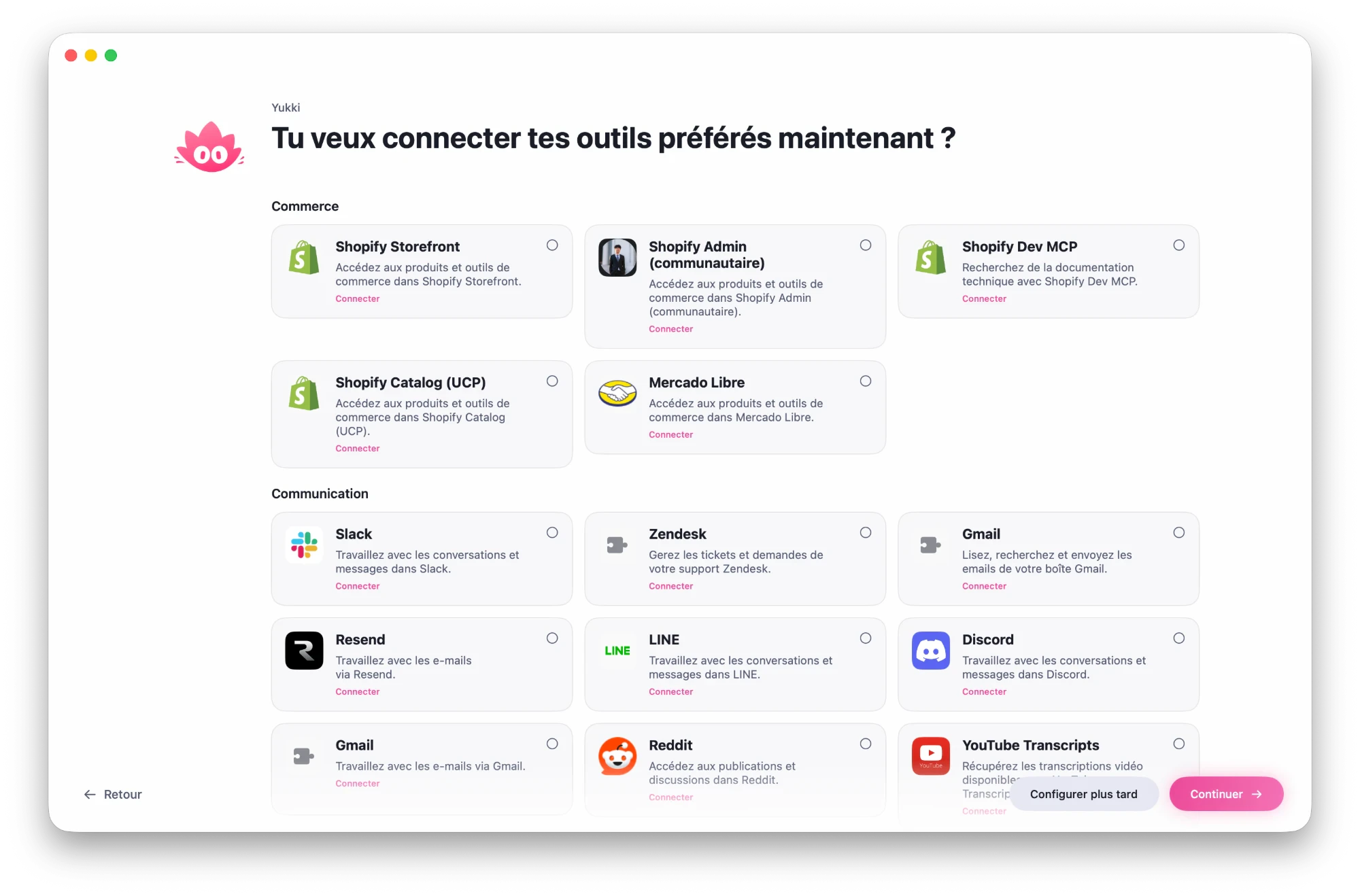 Le choix des outils à connecter, par catégorie