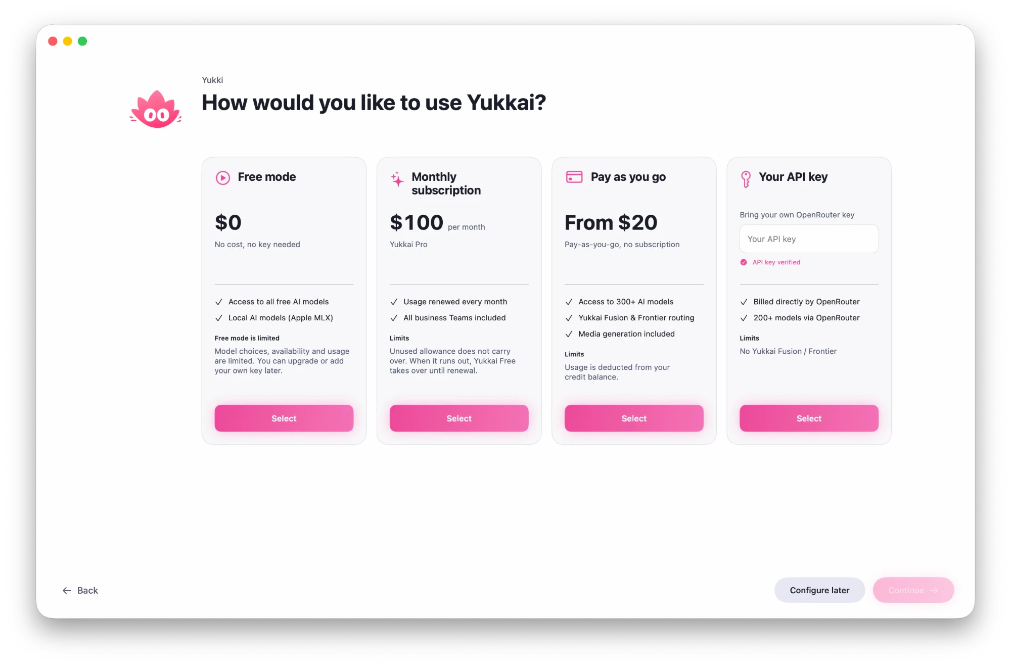 Choosing a plan: free, subscription, pay as you go or API key