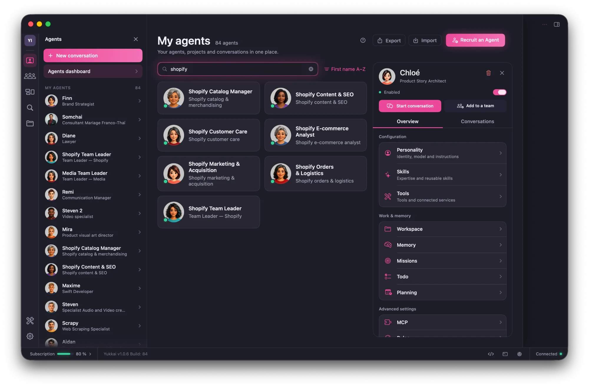 The My agents page filtered on Shopify, with 84 agents in total