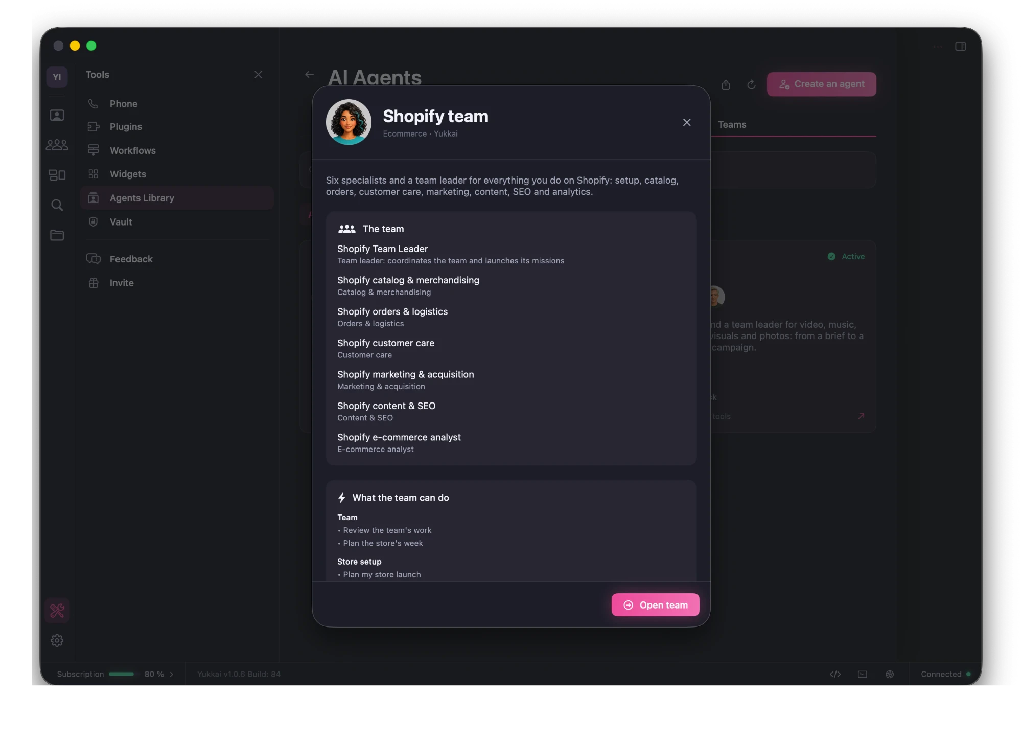 The Shopify team card in the agent library