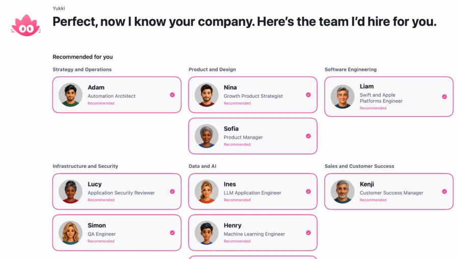 Yukki proposes the team to hire, with agents grouped by job