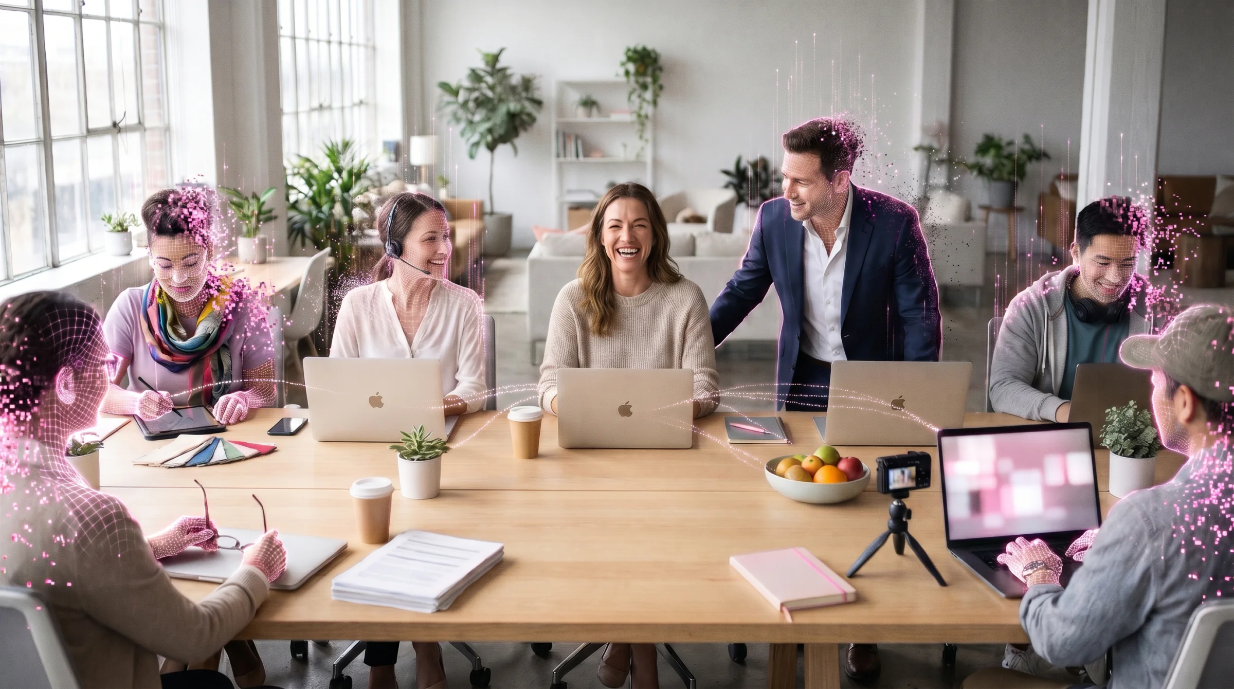 Around a large wooden table, a founder laughs with her AI team: a call centre agent with a headset, a salesman in a suit, a designer, a developer, a finance specialist and a video creator, each traced by a digital mesh and pink particles.