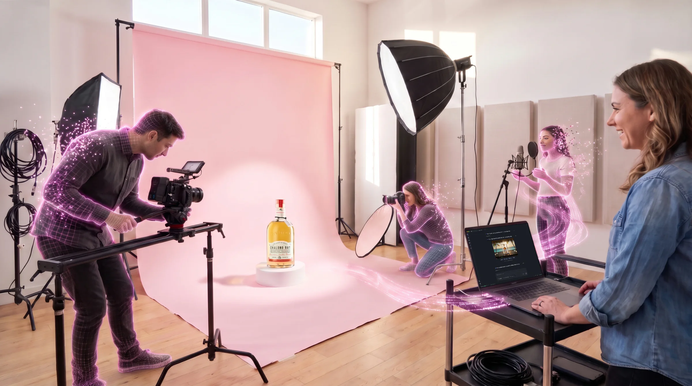 In a photo studio, the founder of a rum brand watches three AI employees traced in a pink mesh film, photograph and voice her Chalong Bay bottle, while her MacBook Pro shows Yukkai delivering the video.
