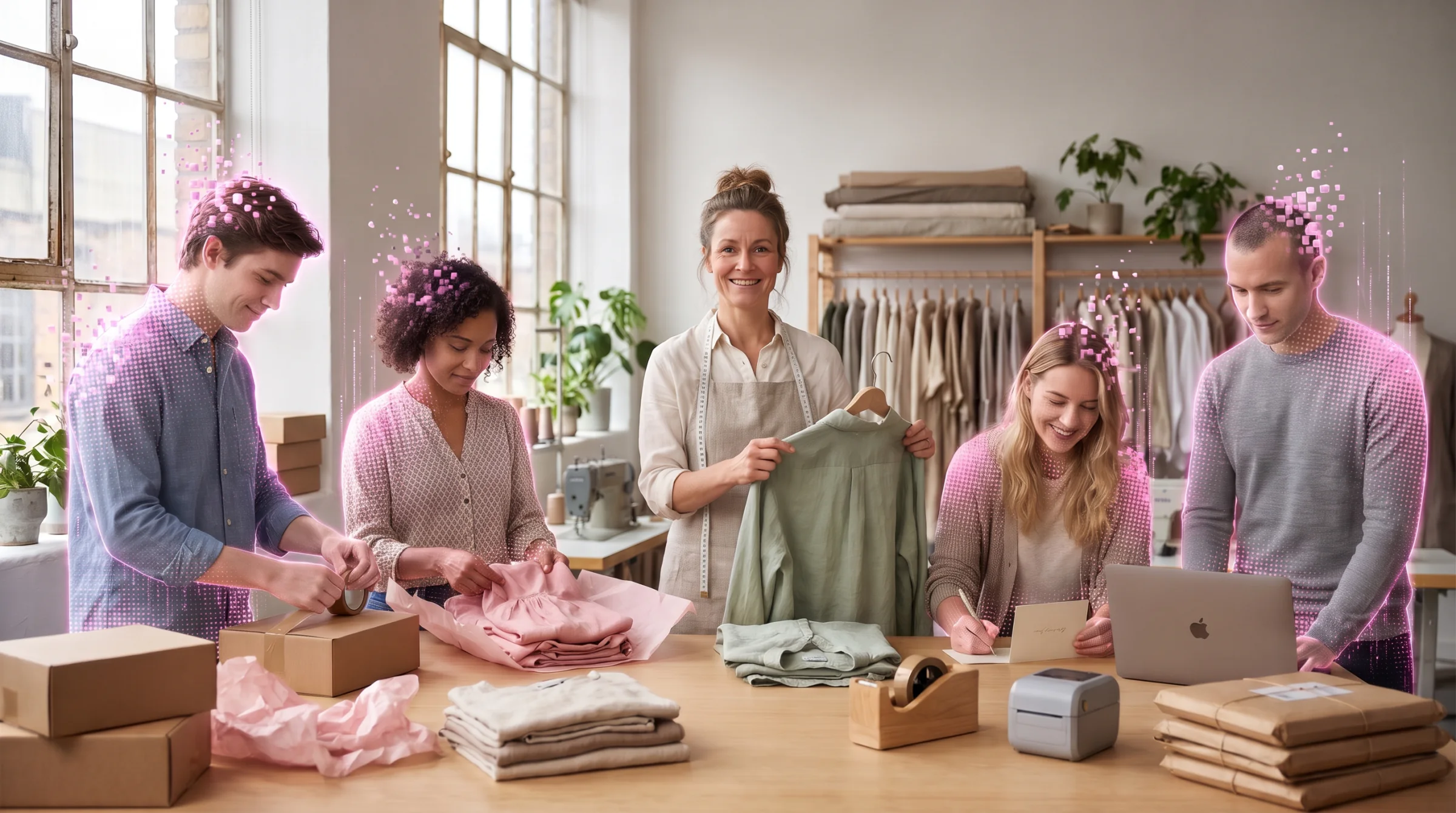 In her linen clothing workshop, a designer holds up a finished shirt while four AI employees, traced in pink pixels, seal a parcel, wrap a dress in tissue paper, write a thank-you card and check the orders on a MacBook Pro.